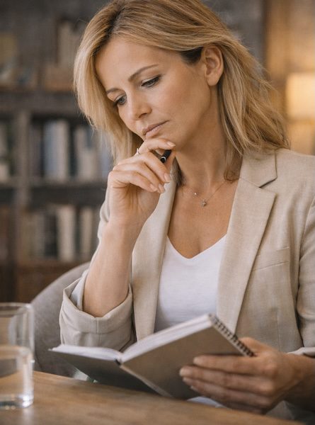 Burnout‑Prävention für Lehrer:innen beginnt bei dir selbst 4 Lehrerin sitzt nachdenklich am Schreibtisch und reflektiert ihren Schulalltag – Selbstreflexion als Teil der Burnout‑Prävention für Lehrer:innen.