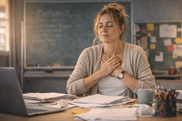 Lehrkraft sitzt am Schreibtisch im Klassenzimmer, hält die Hände beruhigend auf der Brust und schließt die Augen – Moment der inneren Ruhe im belastenden Schulalltag