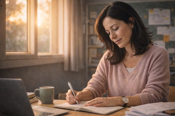 Lehrkraft schreibt in ein Notizbuch an einem sonnigen Schreibtisch, umgeben von Laptop, Tasse und Unterlagen – ruhiger Moment der Selbstreflexion im Lehreralltag