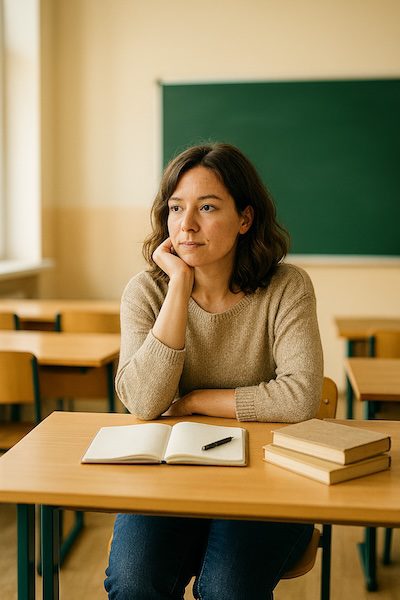 Lehrerin reflektiert ihren Unterricht – Symbolbild für Selbstreflexion Buch für Lehrer