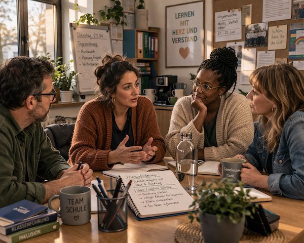 Emotionen im Unterricht – wie Lehrkräfte souverän bleiben, klar kommunizieren und innere Stärke entwickeln 13 Lehrkräfte sitzen im Kollegium zusammen und zeigen emotionale Souveränität im gemeinsamen Austausch.