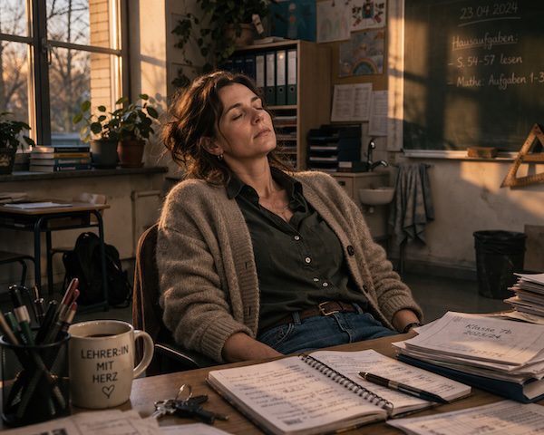 Emotionen im Unterricht – wie Lehrkräfte souverän bleiben, klar kommunizieren und innere Stärke entwickeln 4 Lehrkraft sitzt erschöpft im Klassenzimmer und zeigt, wie Emotionen im Unterricht belasten können.