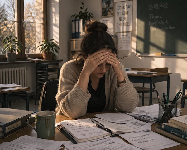 Emotionen im Unterricht – wie Lehrkräfte souverän bleiben, klar kommunizieren und innere Stärke entwickeln 6 Lehrkraft sitzt frustriert am Schreibtisch und zeigt, wie Emotionen im Unterricht den Arbeitsalltag belasten können.