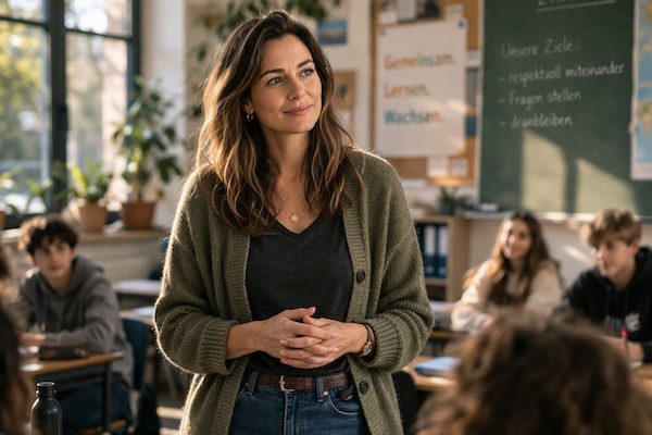 Emotionen im Unterricht – wie Lehrkräfte souverän bleiben, klar kommunizieren und innere Stärke entwickeln 1 Lehrkraft steht ruhig vor einer Klasse und vermittelt respektvollen Umgang im Unterricht.