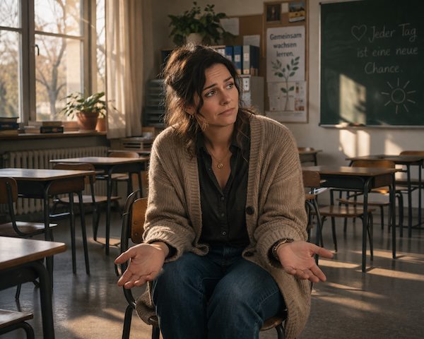 Emotionen im Unterricht – wie Lehrkräfte souverän bleiben, klar kommunizieren und innere Stärke entwickeln 8 Lehrkraft sitzt nachdenklich im Klassenzimmer und zeigt, wie Emotionen im Unterricht bewusst reflektiert werden können.