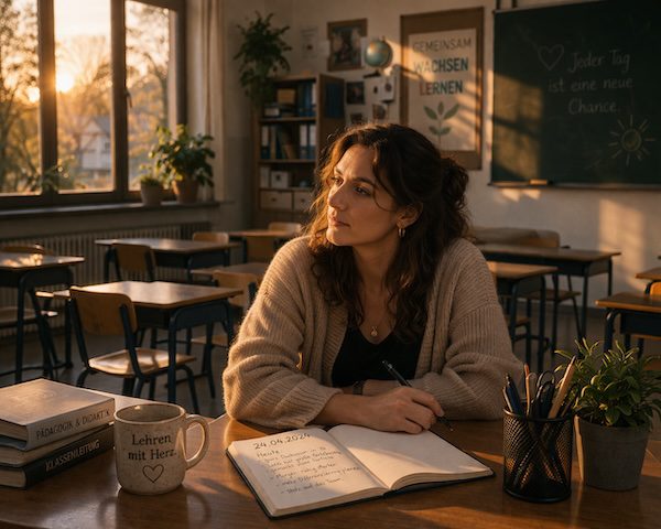 Emotionen im Unterricht – wie Lehrkräfte souverän bleiben, klar kommunizieren und innere Stärke entwickeln 11 Lehrkraft sitzt ruhig am Schreibtisch und zeigt, wie Emotionen im Unterricht bewusst reguliert werden können.