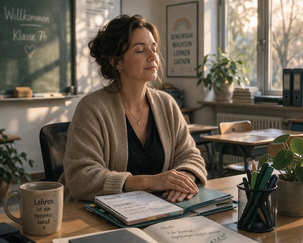 Emotionen im Unterricht – wie Lehrkräfte souverän bleiben, klar kommunizieren und innere Stärke entwickeln 2 Lehrkraft sitzt ruhig im Klassenzimmer und zeigt Selbstführung, um Emotionen im Unterricht zu regulieren.