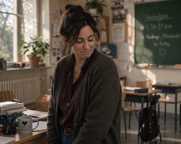 Emotionen im Unterricht – wie Lehrkräfte souverän bleiben, klar kommunizieren und innere Stärke entwickeln 10 Lehrkraft sitzt erschöpft am Schreibtisch und zeigt, wie Emotionen im Unterricht den Schulalltag beeinflussen.