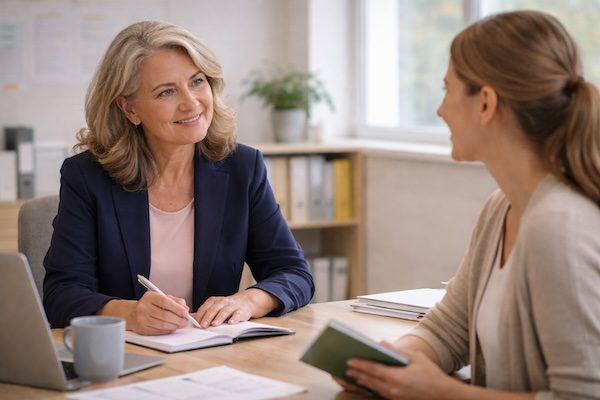 Schulleitung spricht wertschätzend mit einer Lehrkraft in einem hellen Büro.