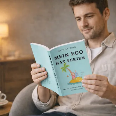 Geschenk für Lehrer – die sinnvollste Geschenkidee, die wirklich gut tut 6 Eine Person liest das Taschenbuch ‚Mein Ego hat Ferien‘ in einer warmen, gemütlichen Umgebung – ein ruhiger Moment der Selbstfürsorge, passend als Geschenk für Lehrer:innen.