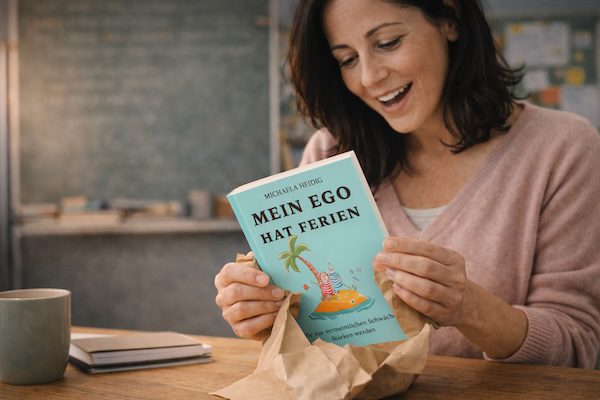 Geschenk für Lehrer – die sinnvollste Geschenkidee, die wirklich gut tut 8 Person hält das A5‑Taschenbuch ‚Mein Ego hat Ferien‘ in den Händen, auf einem Holztisch mit Tee und Notizbuch – ideales Geschenk für Lehrer:innen