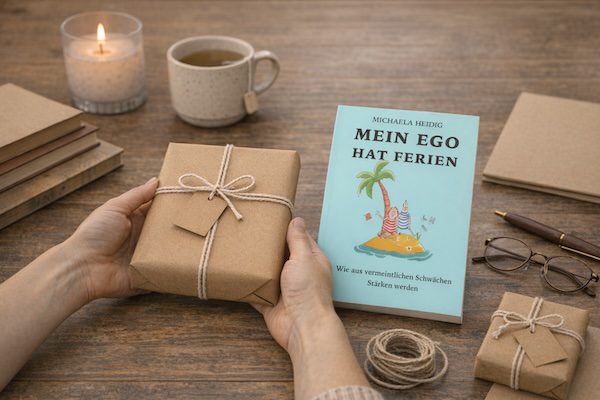 Geschenk für Lehrer – die sinnvollste Geschenkidee, die wirklich gut tut 7 A5‑Taschenbuch ‚Mein Ego hat Ferien‘ liegt auf einem Holztisch zwischen Geschenkpaketen, Tee und Notizbuch – inspirierende Geschenkidee für Lehrer:innen