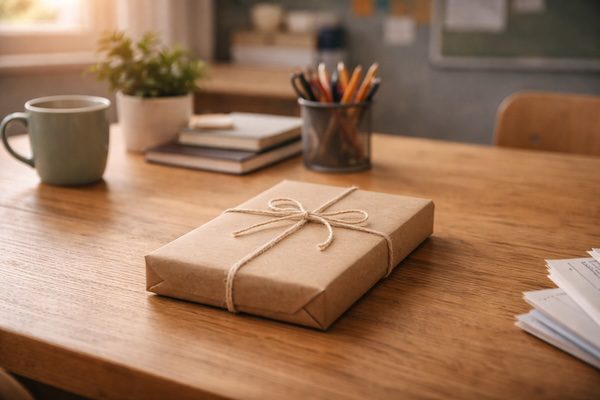 Geschenk für Lehrer – die sinnvollste Geschenkidee, die wirklich gut tut 3 Geschenkverpacktes A5‑Taschenbuch ‚Mein Ego hat Ferien‘ auf Holztisch, neben Tee und Notizbuch