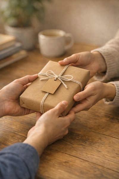 Geschenk für Lehrer – die sinnvollste Geschenkidee, die wirklich gut tut 9 Zwei Personen überreichen sich ein schlicht verpacktes Geschenk aus Kraftpapier – symbolische Wertschätzung für Lehrer:innen