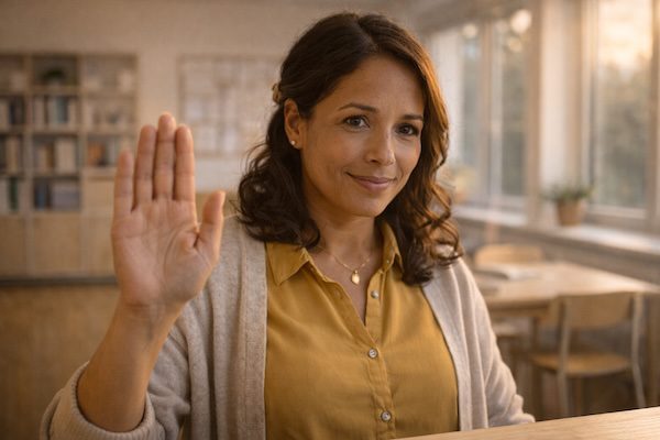 Lehrerin zeigt Stop-Geste als Symbol für Grenzen setzen im Lehrerberuf