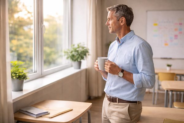 Lehrkraft steht mit einer Tasse am Fenster – Symbol für Achtsamkeit und Selbstfürsorge.