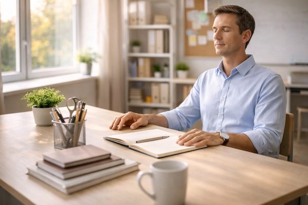 Lehrkraft sitzt mit geschlossenen Augen am Schreibtisch – Symbol für Achtsamkeit und Stressregulation.