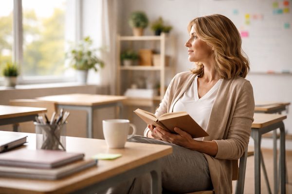 Lehrkraft liest am Fenster ein Buch – ruhiger Moment für Reflexion und Soft Skills.