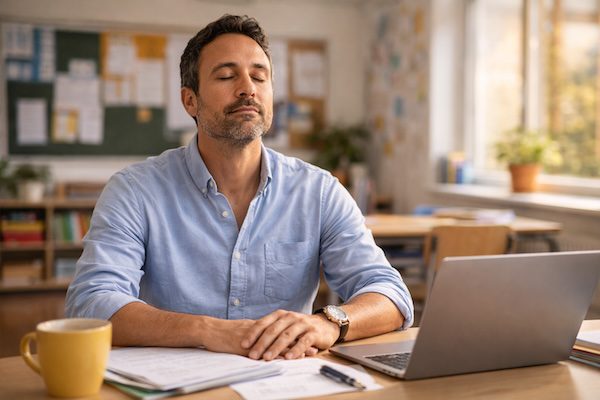 Lehrkraft sitzt mit geschlossenen Augen am Schreibtisch, Hände auf Unterlagen, gelbe Tasse daneben, ruhiger Moment im Klassenzimmer.