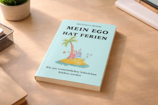 Das Buch ‚Mein Ego hat Ferien‘ liegt auf einem Holztisch – Symbol für persönliche Entwicklung und Soft Skills.