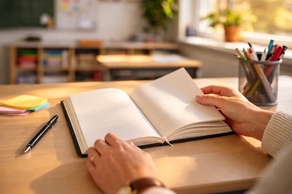 Person hält ein geöffnetes Notizbuch an einem Schreibtisch mit Stiften, Haftnotizen und warmem Sonnenlicht im Hintergrund.