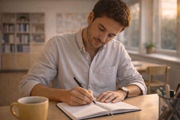 Lehrer schreibt reflektierende Notizen zur Stressbewältigung im Lehrerberuf
