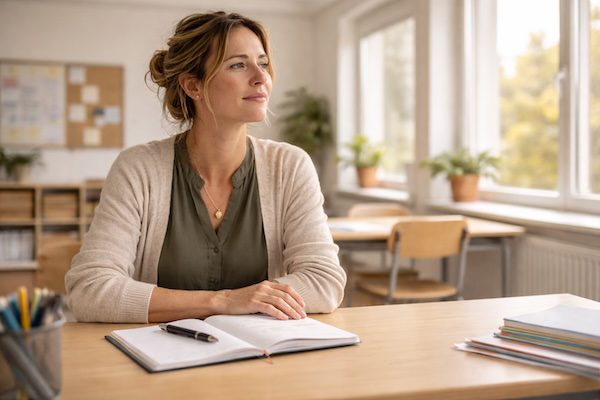 Lehrerin blickt nachdenklich aus dem Fenster und reflektiert ihren Schulalltag