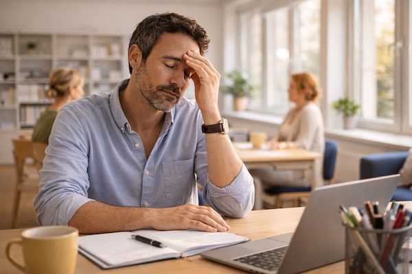 Person sitzt konzentriert am Schreibtisch mit Notizbuch und Laptop in einem hellen Büro.