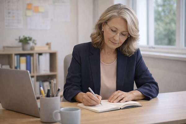 Person schreibt in ein Notizbuch an einem hellen Arbeitsplatz mit Pflanzen und Materialien.