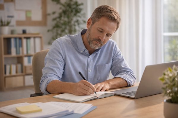 Person schreibt in ein Notizbuch neben einem Laptop in einem ruhigen Büro.