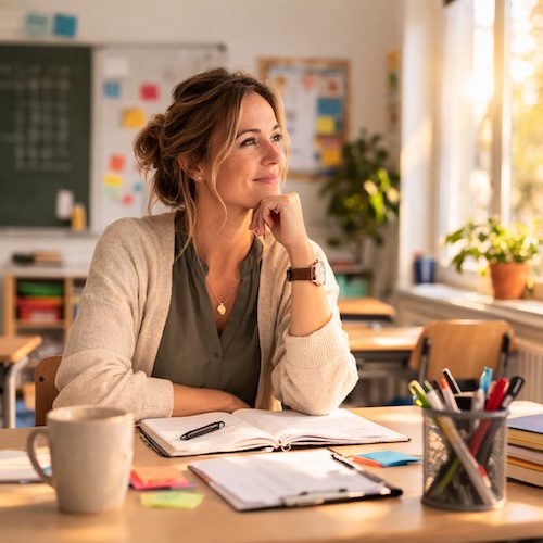 Lehrkraft sitzt ruhig am Schreibtisch in einem Klassenraum und reflektiert mit Notizbuch und Materialien.