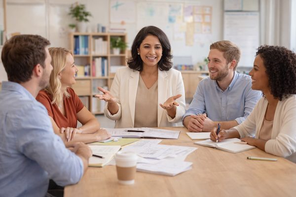 Schulleitung führt ein Teammeeting, mehrere Personen sitzen am Tisch und hören aufmerksam zu.