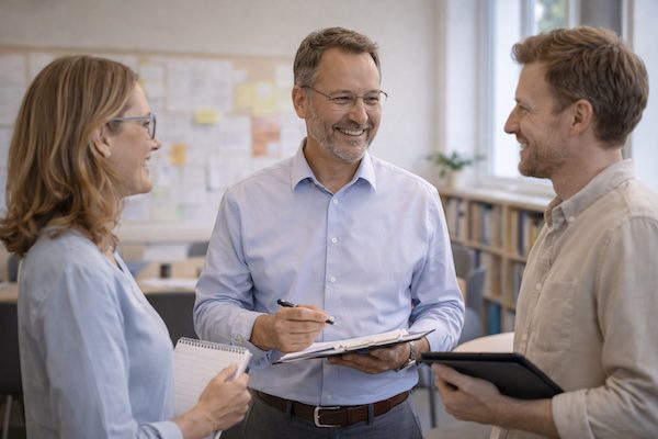 Drei Personen stehen zusammen und sprechen über Unterlagen in einem Büro.