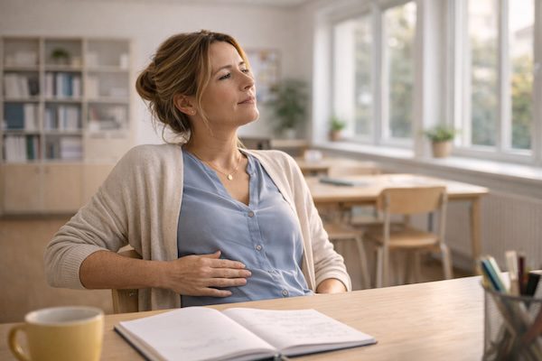 Lehrerin übt achtsames Atmen im Klassenzimmer als Methode für Stressmanagement für Lehrer