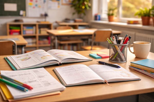 Aufgeschlagene Schulbücher und Notizhefte auf einem Schreibtisch im Klassenzimmer, mit Stiften, Markierungen und einer Tasse.