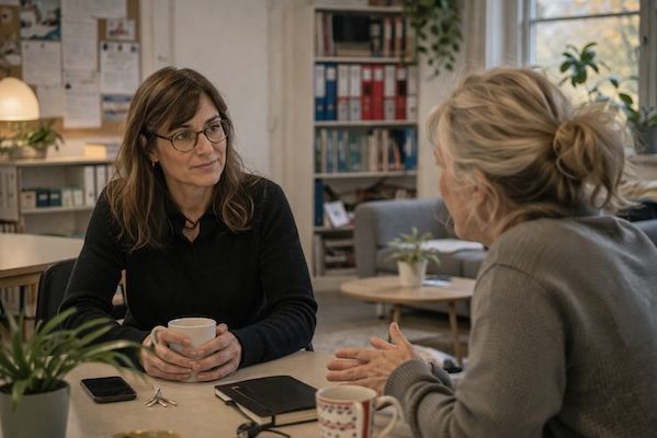 Kommunikation im Kollegium: Konflikte lösen, Beziehungen stärken, souverän führen 3 Zwei Lehrkräfte im ruhigen Gespräch an einem Tisch, wertschätzende Kommunikation im Kollegium.