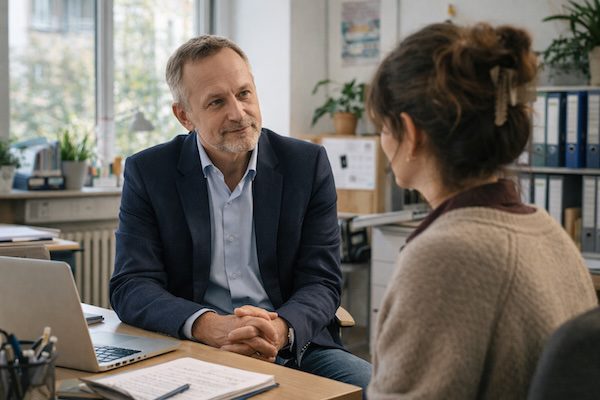 Kommunikation im Kollegium: Konflikte lösen, Beziehungen stärken, souverän führen 4 Schulleitung und Lehrkraft im professionellen Gespräch an einem Schreibtisch.“