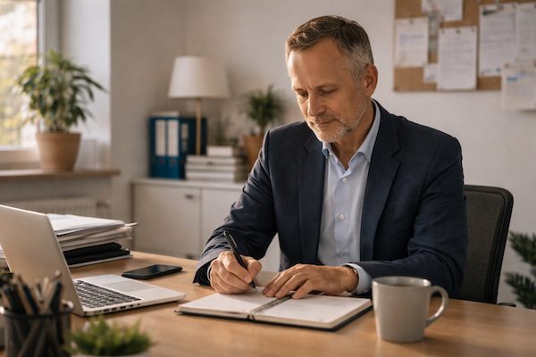 Kommunikation im Kollegium: Konflikte lösen, Beziehungen stärken, souverän führen 2 Führungskraft schreibt konzentriert Notizen an einem Schreibtisch, Fokus auf Selbstreflexion.