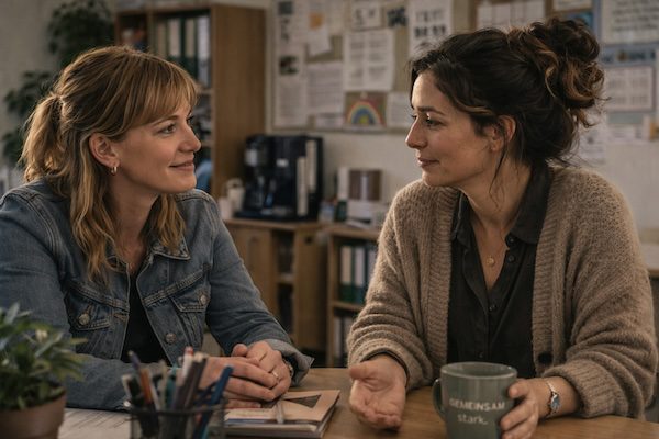 Kommunikation im Kollegium: Konflikte lösen, Beziehungen stärken, souverän führen 6 Zwei Kolleginnen im Gespräch in einem Lehrerzimmer, Fokus auf Teamkommunikation und Zusammenarbeit.