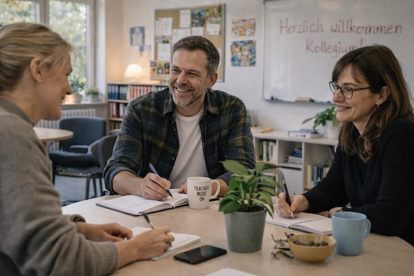 Kommunikation im Kollegium: Konflikte lösen, Beziehungen stärken, souverän führen 7 Drei Lehrkräfte im Teammeeting, gemeinsame Planung und Austausch für gute Kommunikation im Kollegium.