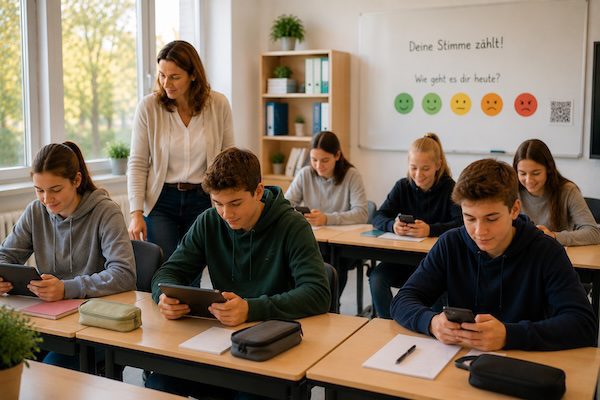 Schülerfeedback in der Schule: Die wichtigsten Methoden für wirksame Rückmeldungen 10 Schüler:innen nutzen Tablets für eine kurze anonyme Stimmungsabfrage – digitale Rückmeldungen während des Unterrichts.