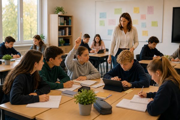 Schülerfeedback in der Schule: Die wichtigsten Methoden für wirksame Rückmeldungen 8 Schüler:innen arbeiten in Gruppen und zeigen per Handzeichen ihren Unterstützungsbedarf – nonverbale Feedback‑Signale während der Arbeitsphase.