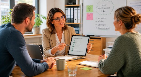 Feedbackgespräche mit Lehrkräften: Klar kommunizieren, Zusammenarbeit stärken, Entwicklung fördern 5 Lehrkräfte besprechen Gesprächspunkte für ein Feedbackgespräch im Team.