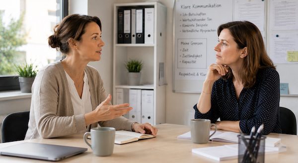 Feedbackgespräche mit Lehrkräften: Klar kommunizieren, Zusammenarbeit stärken, Entwicklung fördern 6 Zwei Personen führen ein Feedbackgespräch und sprechen über klare Kommunikation.