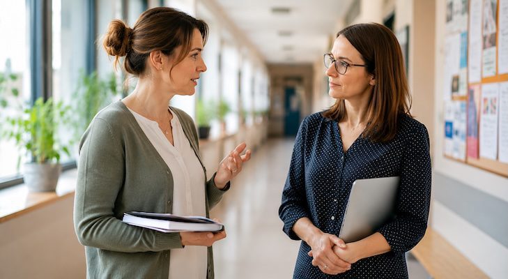 Feedbackgespräche mit Lehrkräften: Klar kommunizieren, Zusammenarbeit stärken, Entwicklung fördern 2 Zwei Personen führen ein Feedbackgespräch im Schulflur und tauschen sich ruhig aus.