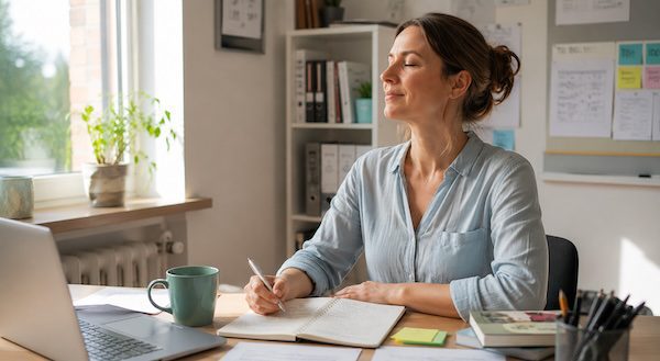 Feedbackgespräche mit Lehrkräften: Klar kommunizieren, Zusammenarbeit stärken, Entwicklung fördern 7 Lehrkraft bereitet ein Feedbackgespräch vor und reflektiert ruhig am Schreibtisch.
