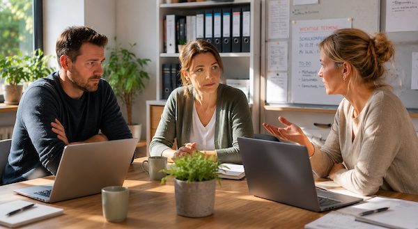 Feedbackgespräche mit Lehrkräften: Klar kommunizieren, Zusammenarbeit stärken, Entwicklung fördern 3 Lehrkräfte sitzen im Teammeeting und bereiten ein Feedbackgespräch vor.