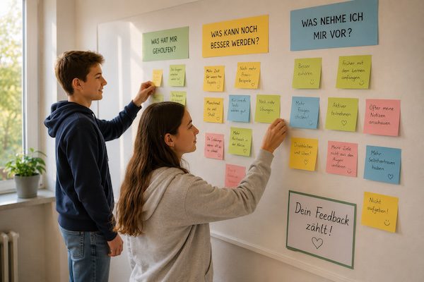 Schülerfeedback in der Schule: Die wichtigsten Methoden für wirksame Rückmeldungen 13 Schüler:innen heften bunte Notizzettel an eine Feedback‑Wand – visuelle Rückmeldeform zur Förderung einer offenen Feedbackkultur.
