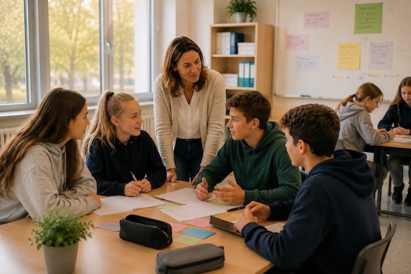 Schülerfeedback in der Schule: Die wichtigsten Methoden für wirksame Rückmeldungen 9 Schüler:innen sitzen in kleinen Gruppen zusammen und besprechen ihren Lernstand – Lernweg‑Check‑ins als Methode zur Lernreflexion.
