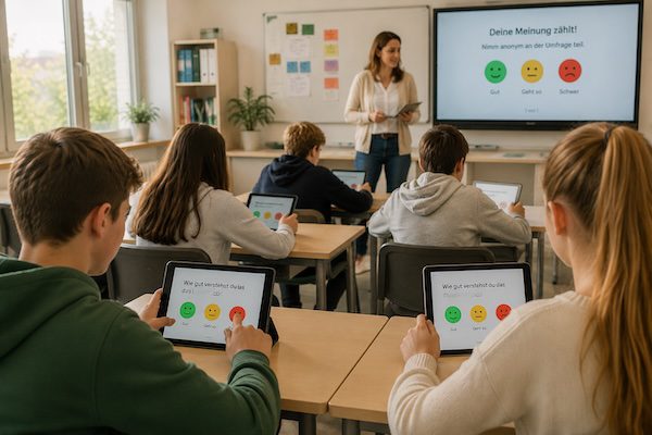 Schülerfeedback in der Schule: Die wichtigsten Methoden für wirksame Rückmeldungen 5 Schüler:innen geben anonymes Feedback über Tablets im Klassenzimmer – digitale Stimmungsabfrage als Teil von Schülerfeedback im Unterricht.